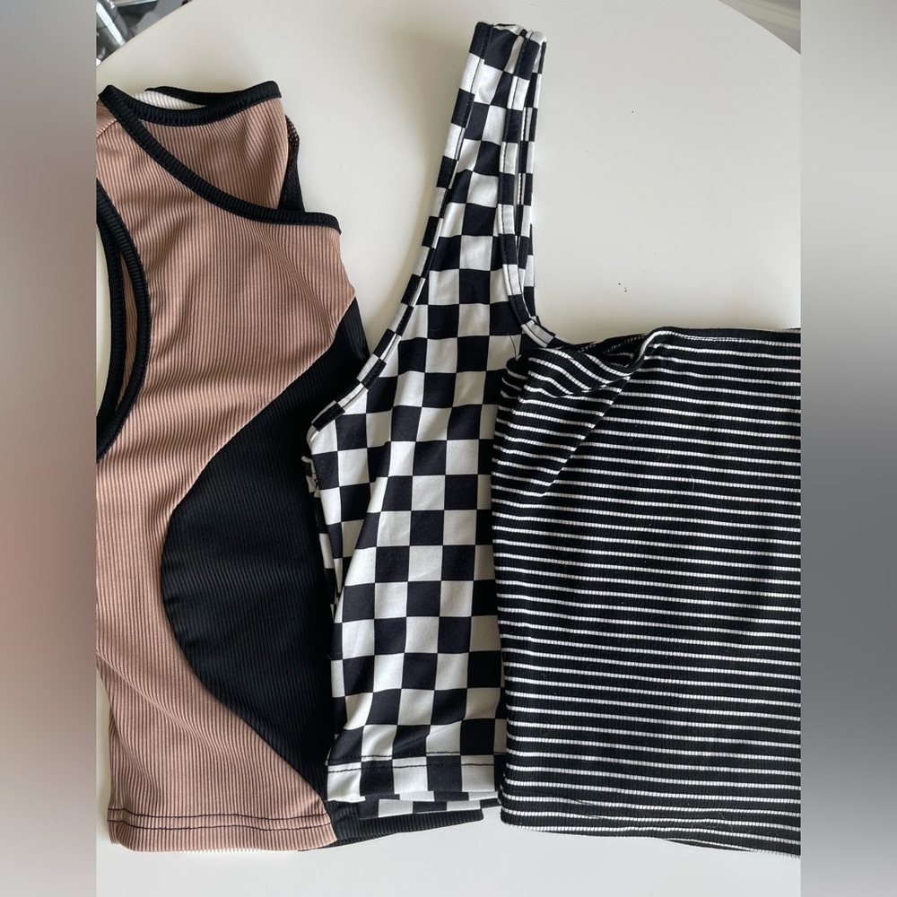 3 FOR $10 Lot 3 SHEIN Summer Tops Size Large Black White Tube Top Checker Tank